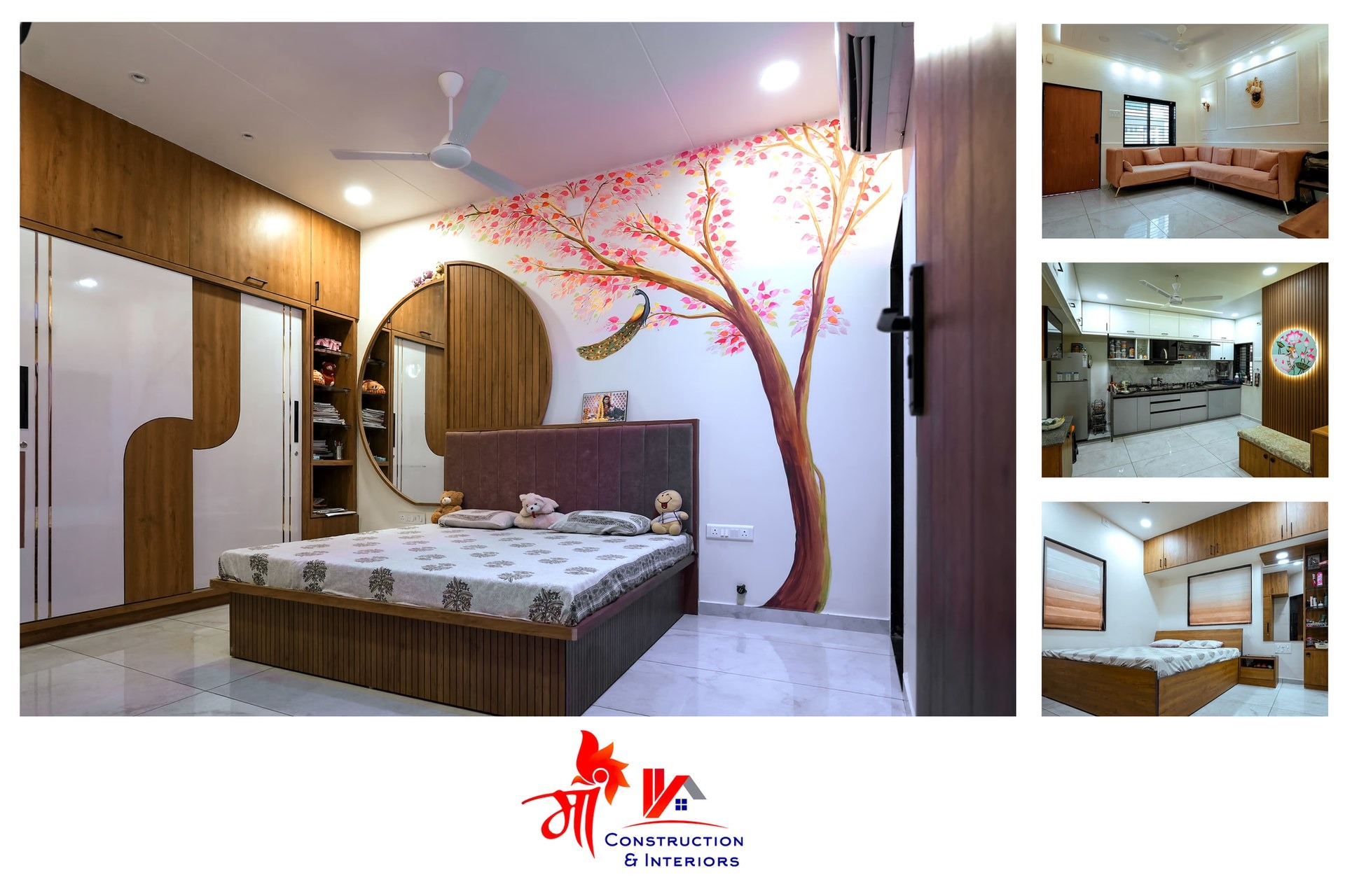 Calm bedroom with arc joinery and mural wall – Tree Mural Suite — Neo-Classic Bedroom