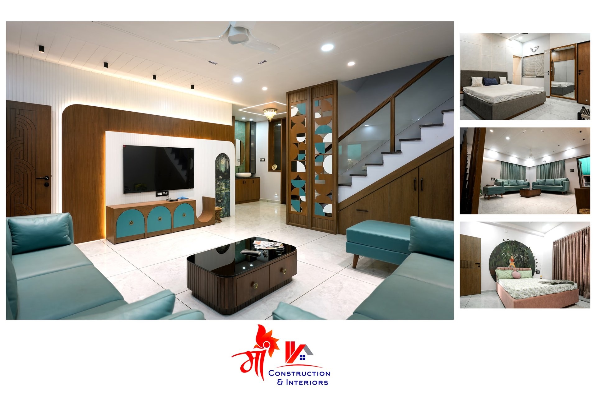 Walnut-clad living room with sculpted stair – Walnut Arc Residence — Living & Stairs Ensemble